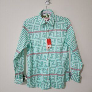 Dizzy-Lizzie Aqua Pink Top MD Cotton-Blend Flip-Cuff Womens Tizzie Shirt #402